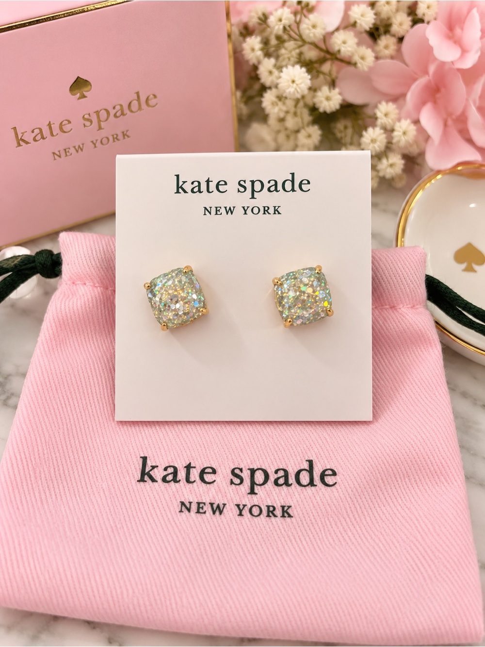 NWT Kate Spade New York Small Square Stud Earrings – Opal Glitter & Gold ✨